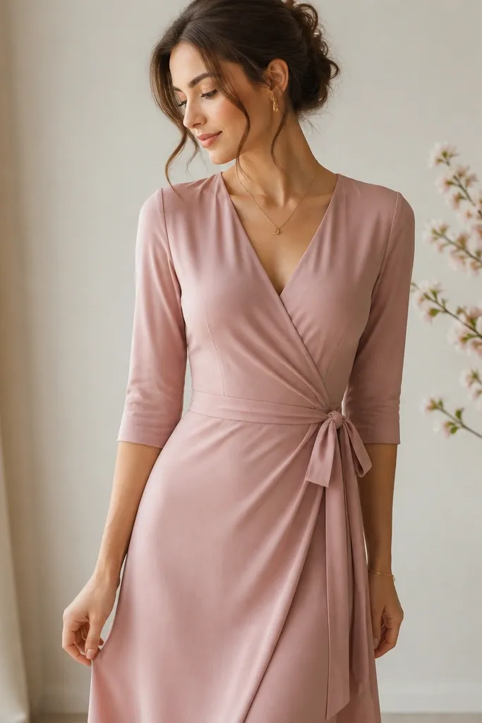 A blush rose wrap dress with 3/4 sleeves, a soft V-neck, and a tie belt. The wrap overlap looks smooth and secure, with no visible gaps.