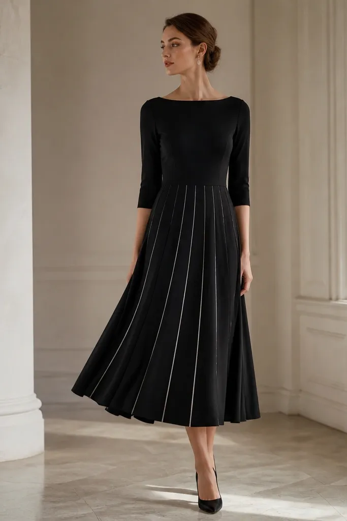 A black midi dress with subtle silver pleats near the skirt and a clean boat neck. The pleats start around the waist seam and move gently.