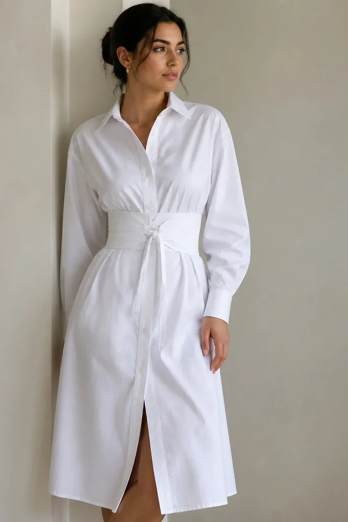 A crisp white poplin shirt dress with a button front and collar. A removable tie corset belt cinches the waist over the dress, and the sleeves are long with button cuffs.