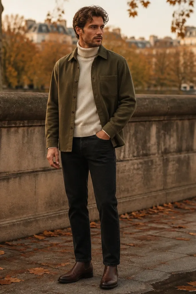 A man wearing an olive cotton overshirt layered over a cream ribbed knit turtleneck, black straight-leg jeans, and dark brown leather Chelsea boots. The outfit is photographed outdoors with warm autumn light.
