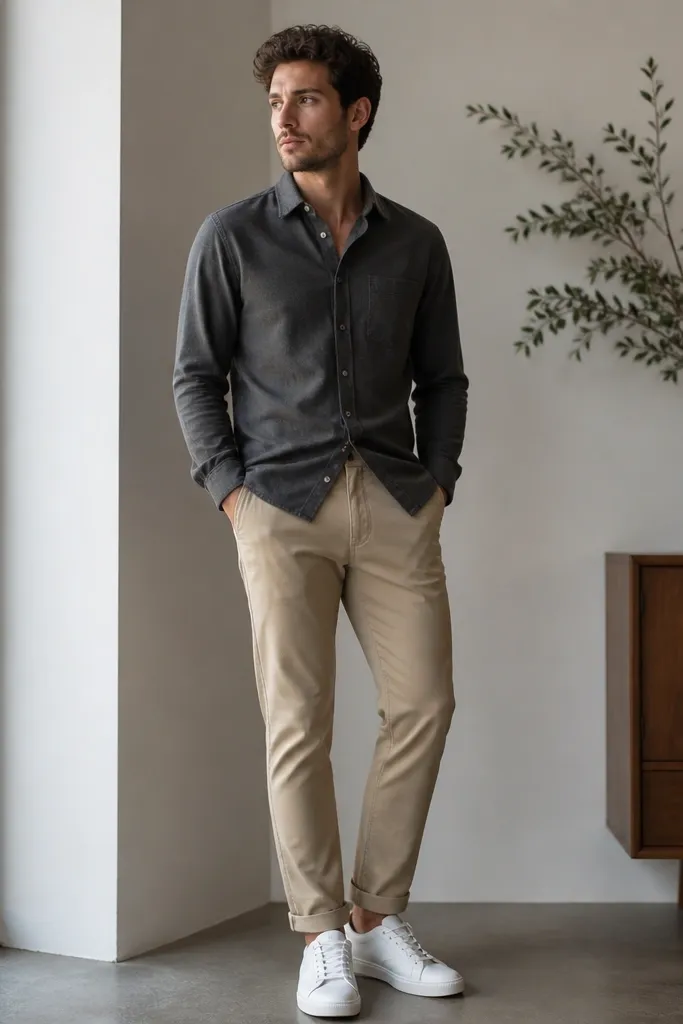 A man wearing a charcoal flannel button-up with the top button open, tan chinos, and clean white low-top sneakers. The shirt is slightly untucked in front with a casual half-tuck.
