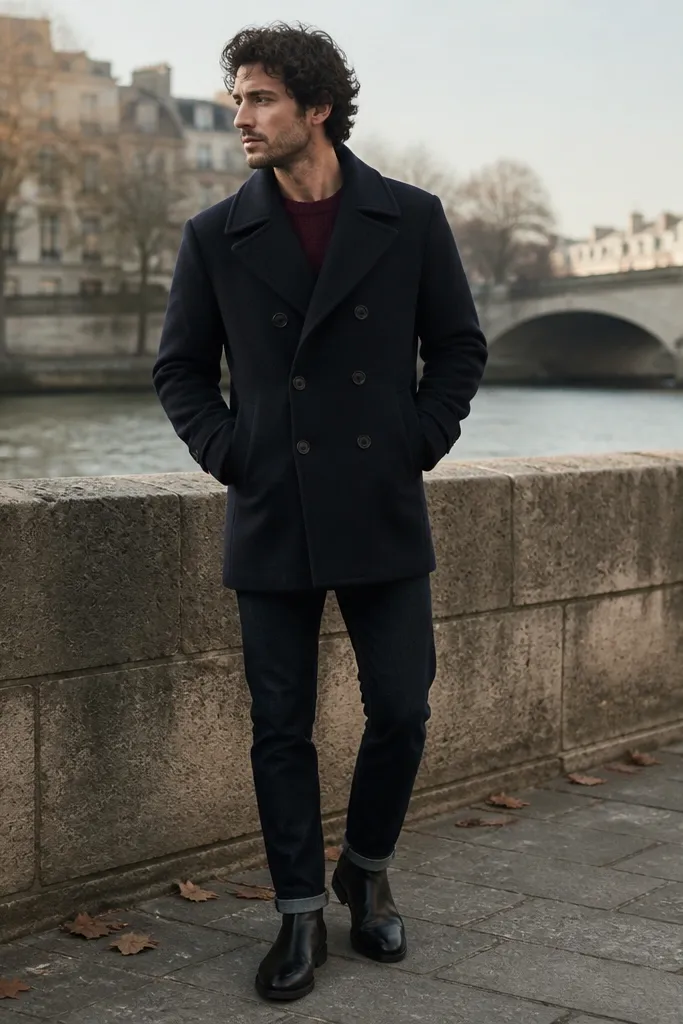 A man in a navy peacoat over a burgundy crewneck sweater, paired with dark indigo denim and black leather boots. The coat is buttoned and collar is visible.