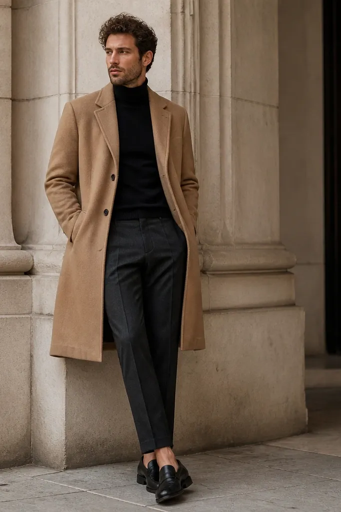 A man wearing a camel overcoat layered over a black turtleneck, with slim tapered trousers in charcoal, and black leather loafers. The overcoat is worn open slightly.
