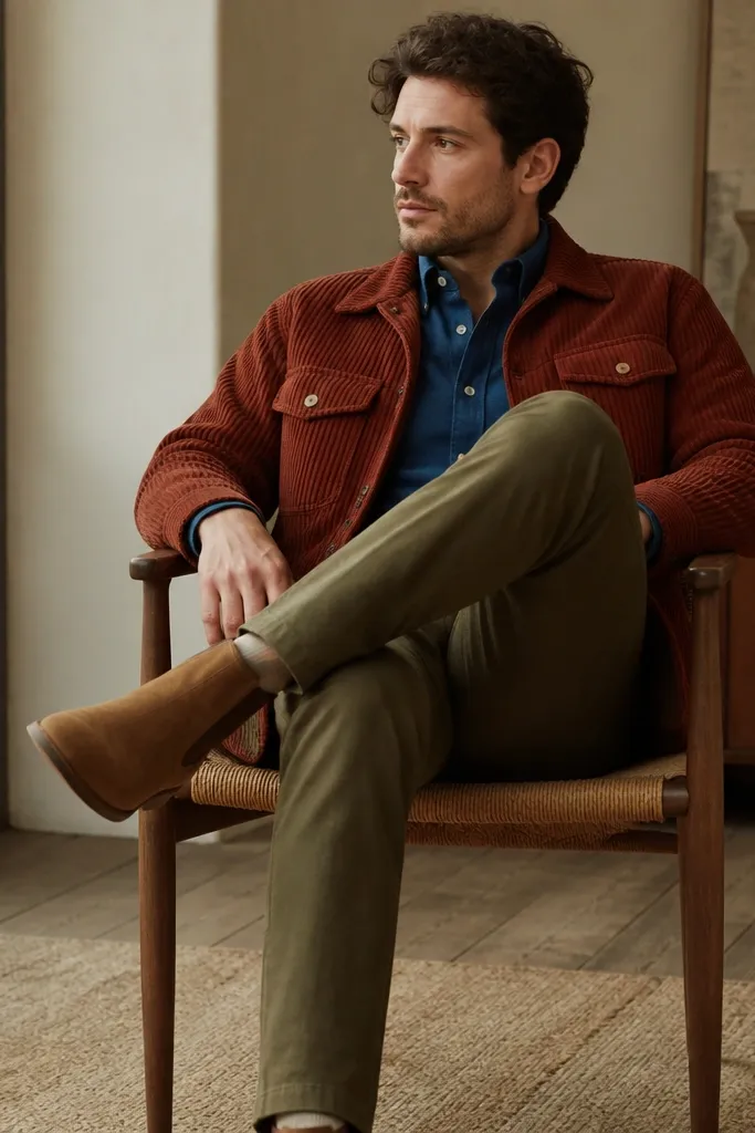 A man wearing a rust corduroy jacket over an indigo blue Oxford shirt, olive chinos, and light brown suede boots. The corduroy has visible wale texture.