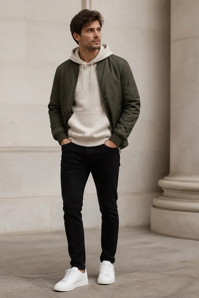 A man in a cream hoodie under a dark olive bomber jacket, black jeans, and white sneakers. The hoodie pocket and drawstrings are visible.