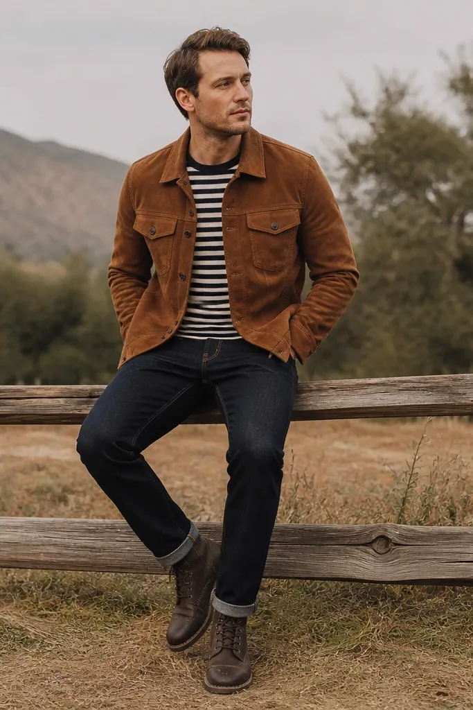 A man wearing a brown suede trucker jacket over a black-and-cream striped tee, dark wash jeans, and dark brown lace-up boots. The suede texture is prominent.