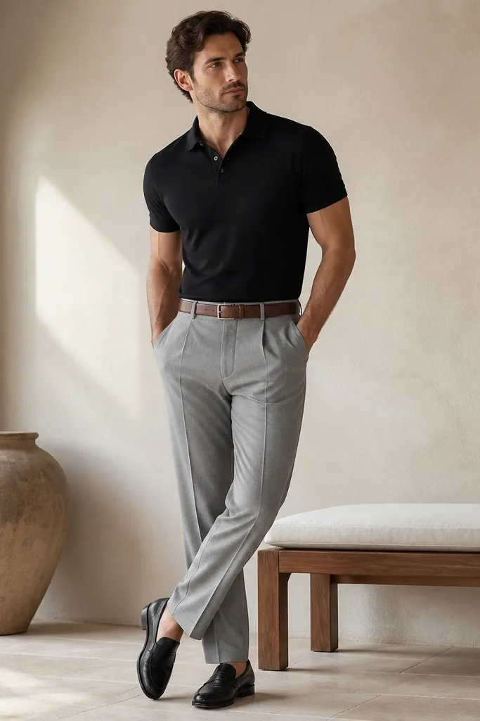 A man wearing a black knit polo shirt tucked into light gray tailored trousers with a brown leather belt and black leather loafers. The polo collar is neatly laid.