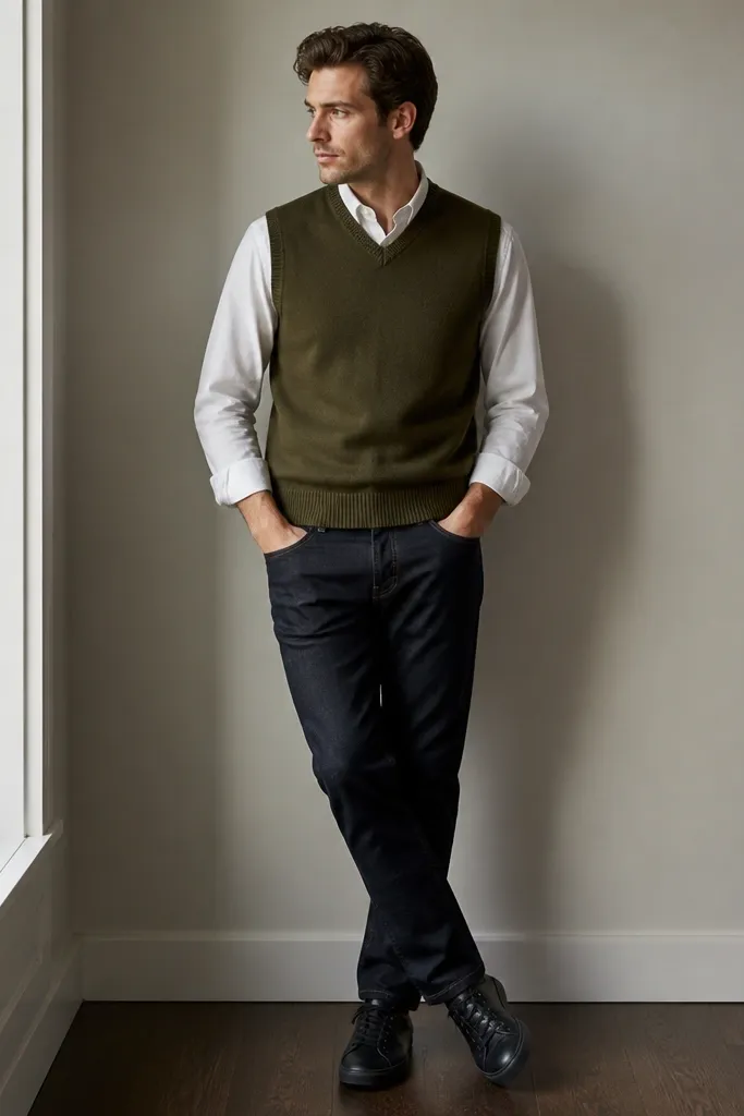 A man layering an olive sweater vest over a white oxford button-down, with the shirt slightly visible at the collar and cuffs. He wears dark jeans and black sneakers.