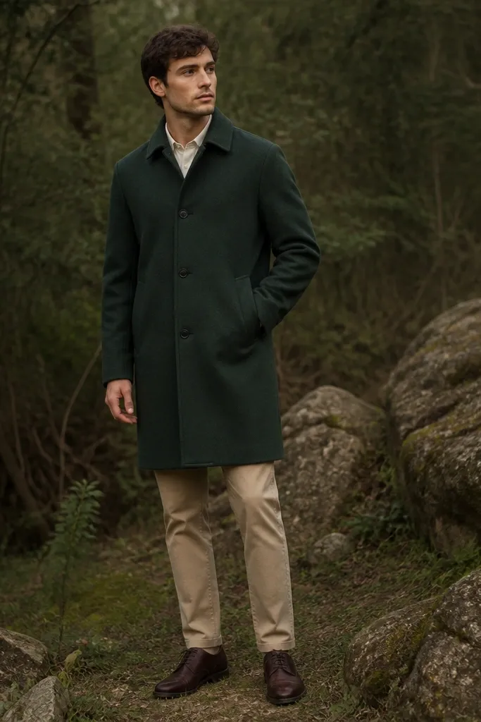 A man in a forest green overcoat over a cream shirt, beige chinos, and dark brown derby shoes. The coat is buttoned with a clean front.
