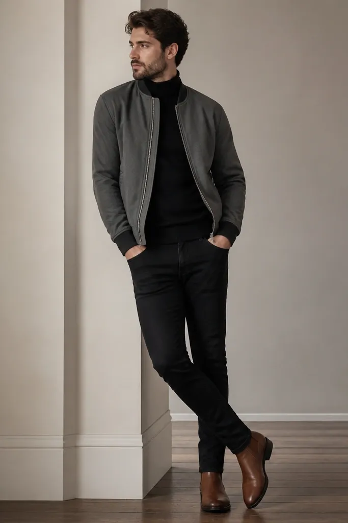A man wearing a gray bomber jacket over a black turtleneck, with black slim jeans and cognac leather boots. The bomber has a clean zipper and ribbed collar.