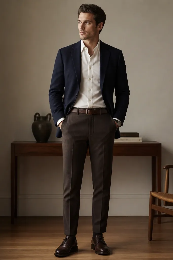 A navy blazer with two-button front paired with a cream button-down oxford shirt, worn with dark brown wool trousers and a brown leather belt. The shoes are dark brown leather derbies with a matte finish. The outfit is styled with a simple wristwatch and no visible patterns beyond the shirt texture.