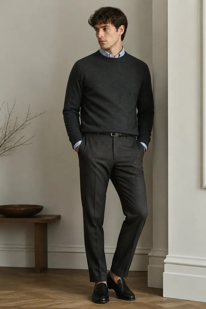 A charcoal crewneck sweater layered over a light blue dress shirt, with the collar and a small strip of the shirt front visible. The pants are medium charcoal trousers. Shoes are black leather loafers with no visible shine. A simple belt matches the shoes.