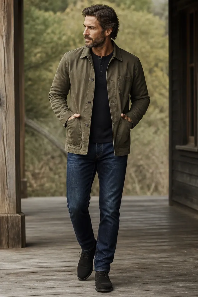 An olive chore jacket with four front pockets worn over a black henley. The jeans are dark indigo with a tapered fit and slight fading at the thighs. Footwear is black suede chukkas. The overall look has a matte, rugged finish with no tie or dress shirt.