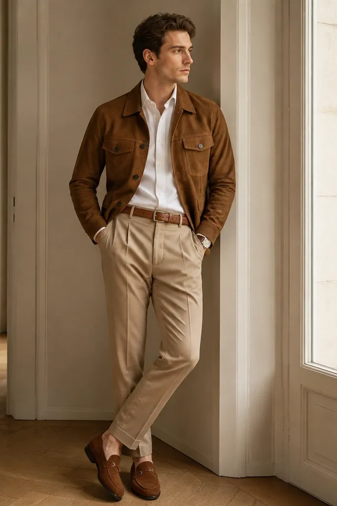 A warm brown suede jacket worn over a white button-down shirt with a clean collar. The trousers are tan-beige wool. Accessories include a cognac leather belt and a tan leather watch strap. Shoes are cognac suede loafers.
