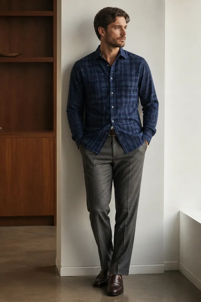 A blue flannel button-down with subtle plaid, worn untucked over a grey wool trouser waistband. The shoes are dark brown leather loafers. The belt is dark brown. The outfit has a casual office feel with clean lines.