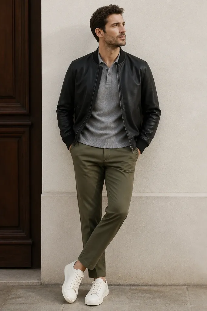 A black bomber jacket with a slightly coated finish layered over a grey knit polo. The chinos are olive or medium khaki, tapered with a clean hem. Shoes are white-to-cream leather sneakers with minimal branding.
