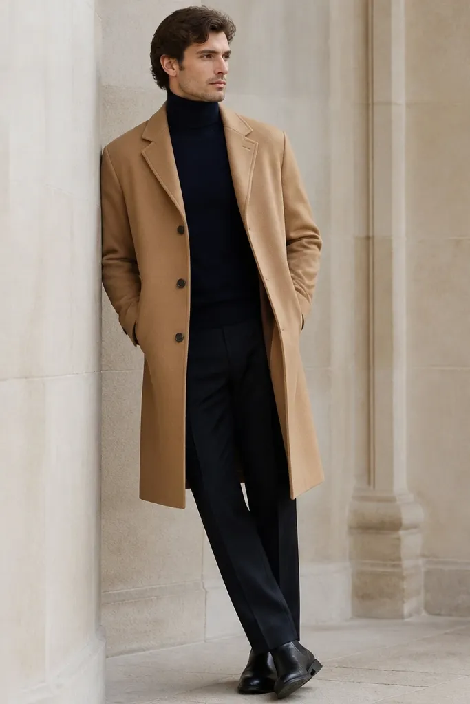 A camel overcoat worn over a navy turtleneck. Trousers are black or deep navy with a straight cut. Shoes are black leather boots with a low heel. The scene shows the outfit's clean silhouette with minimal accessories.