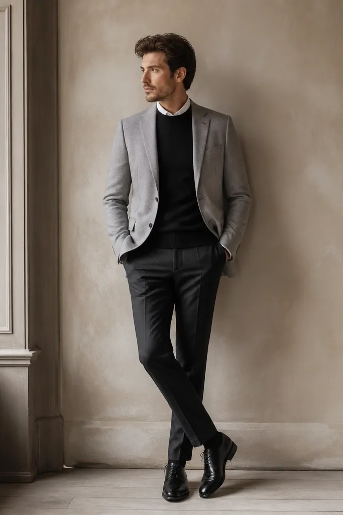 A light grey blazer layered over a black crewneck sweater. A white dress shirt collar peeks out at the neckline. The trousers are charcoal. Shoes are black leather oxfords or cap-toe dress shoes.