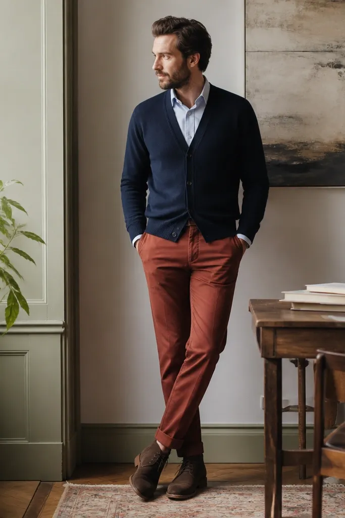 A navy cardigan with buttons worn over a white or pale blue dress shirt. The shirt collar is visible. Rust or brick-red chinos are tapered and cuffed slightly at the ankle. Shoes are suede chukka boots in dark brown.