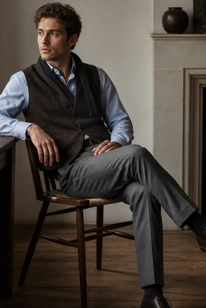 A wool vest in dark brown worn over a light blue button-down. A simple dark scarf sits loosely at the neck. The trousers are medium grey. Shoes are dark leather lace-ups. The outfit looks layered but neat.