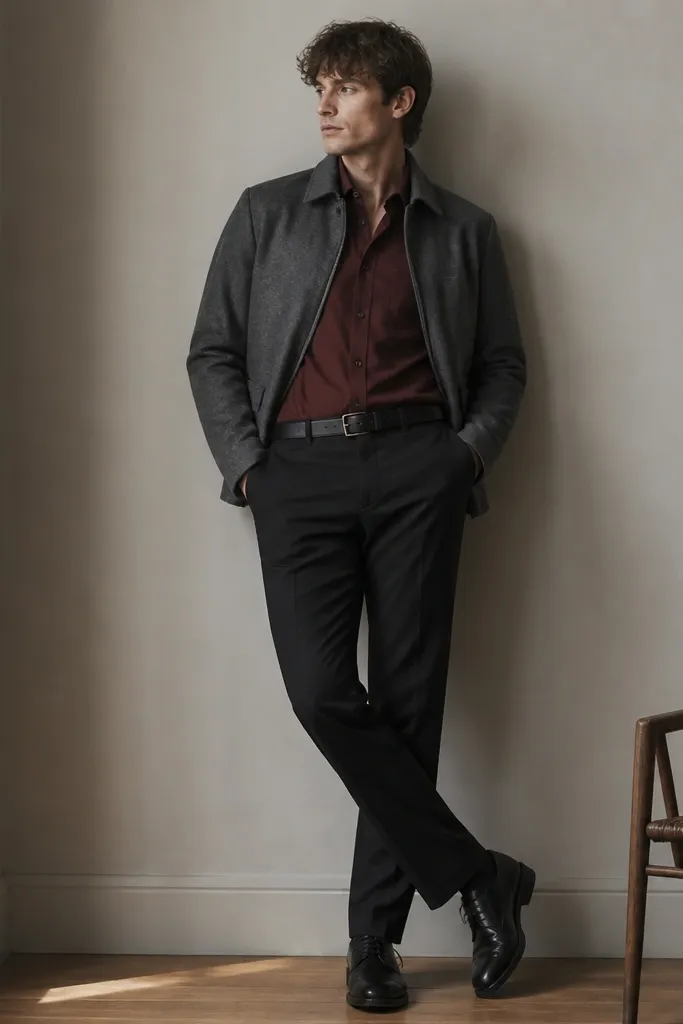 An oxblood or deep burgundy button-down shirt with a subtle texture, layered under a medium grey jacket. The trousers are black and straight. Shoes are black leather derby shoes with minimal shine. The belt matches the shoes.