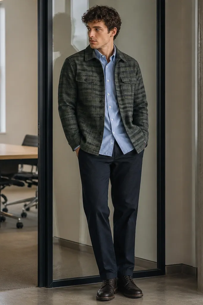 A light blue Oxford shirt worn under an overcheck overshirt in muted green and grey. The trousers are straight and navy or charcoal. Shoes are dark leather boots or simple sneakers with a low profile. The outfit shows a layered casual office feel.