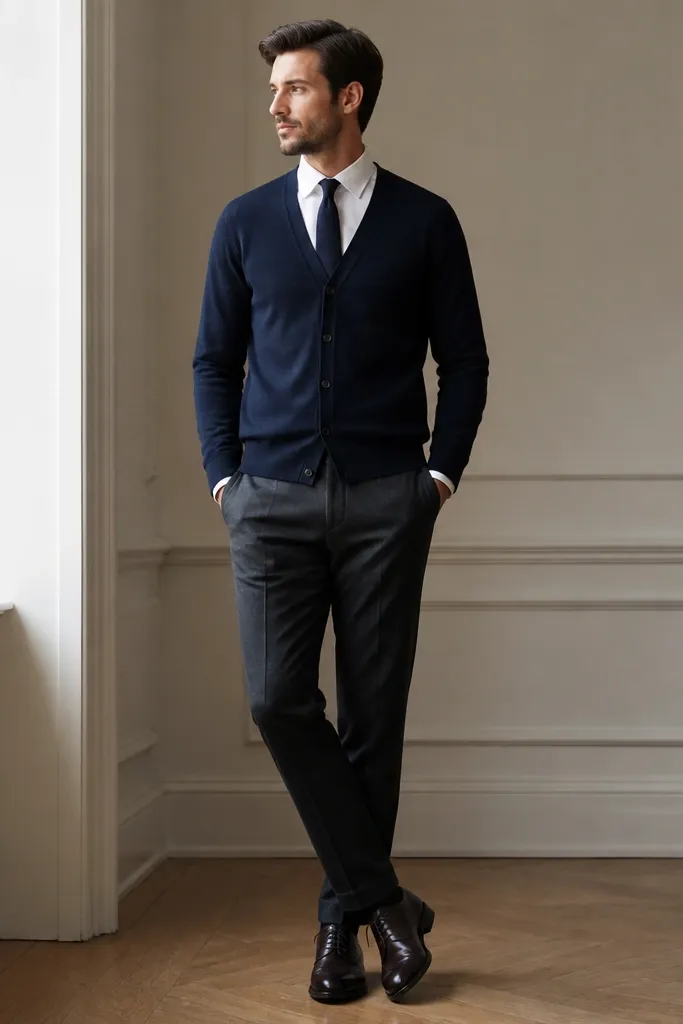 A navy V-neck cardigan worn over a crisp white dress shirt. A slim navy tie sits centered, with the cardigan hem covering the belt line. The pants are charcoal wool, and the shoes are dark brown leather oxfords.