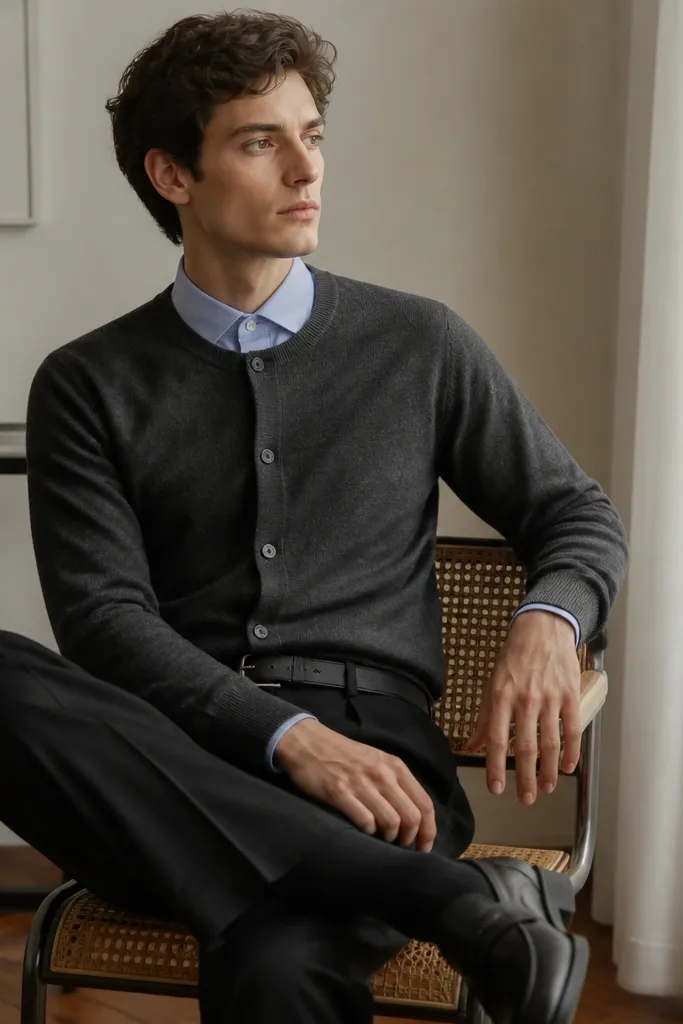 A charcoal crew-neck cardigan layered over a light-blue dress shirt. The shirt top button is closed, collar is neat, and the cardigan has a smooth knit. The trousers are black, and the belt matches black leather loafers.