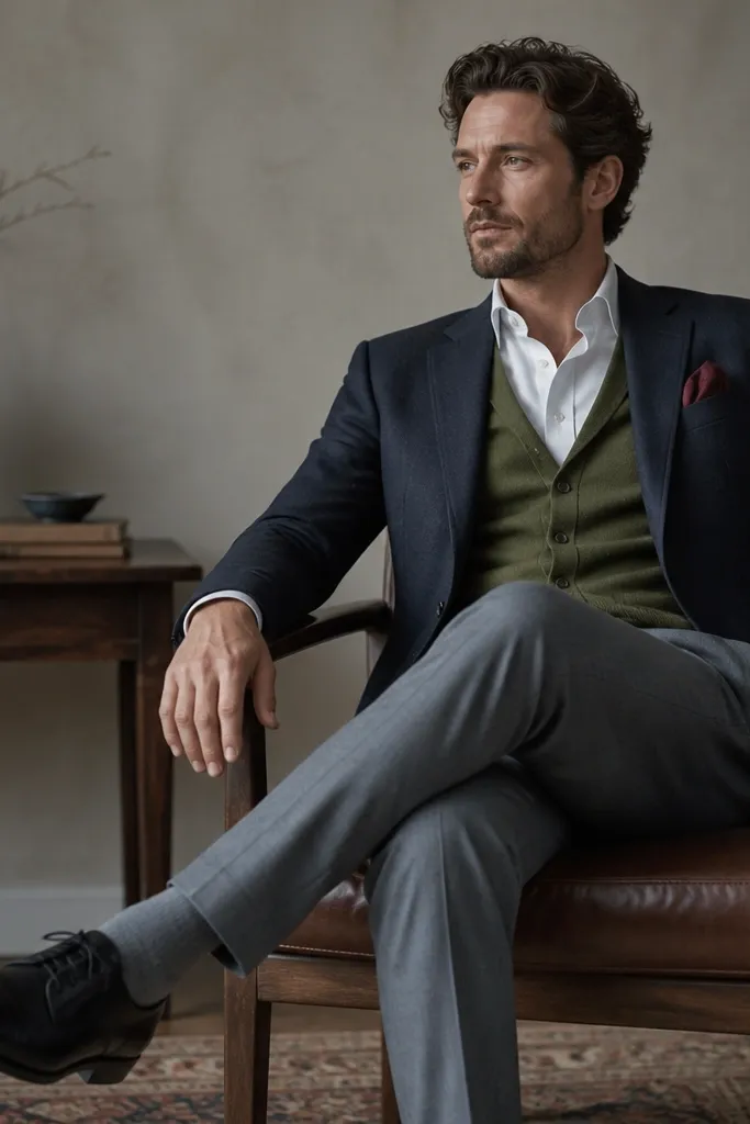 An olive cardigan over a white dress shirt. A burgundy pocket square peeks from a dark blazer worn open, with the cardigan underneath. The pants are medium-gray and the shoes are black leather derbies.