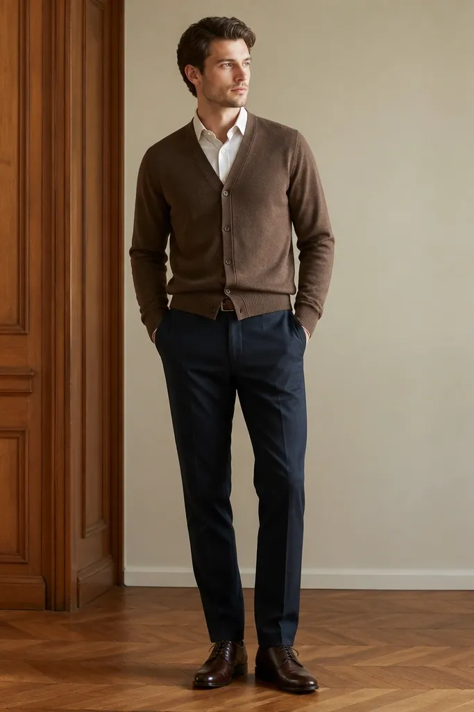 A medium-brown cardigan over a cream dress shirt. A dark brown leather belt and matching leather shoes are visible. The cardigan buttons are closed, and the trousers are deep navy.