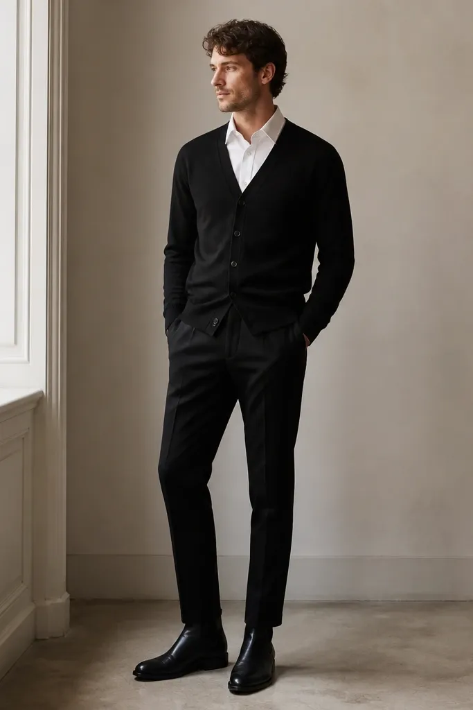 A black cardigan worn over a white dress shirt. The shirt collar sits crisp, and the cardigan hem covers the waistband. The trousers are black, and the shoes are black leather Chelsea boots.