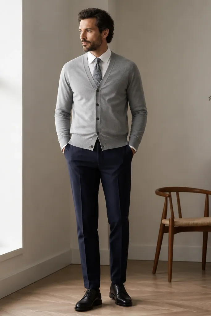 A light-gray cardigan over a white shirt with a small check-pattern tie. The cardigan is V-neck and smooth, and the tie knot sits just above the belt line. Trousers are navy, and shoes are dark oxford.