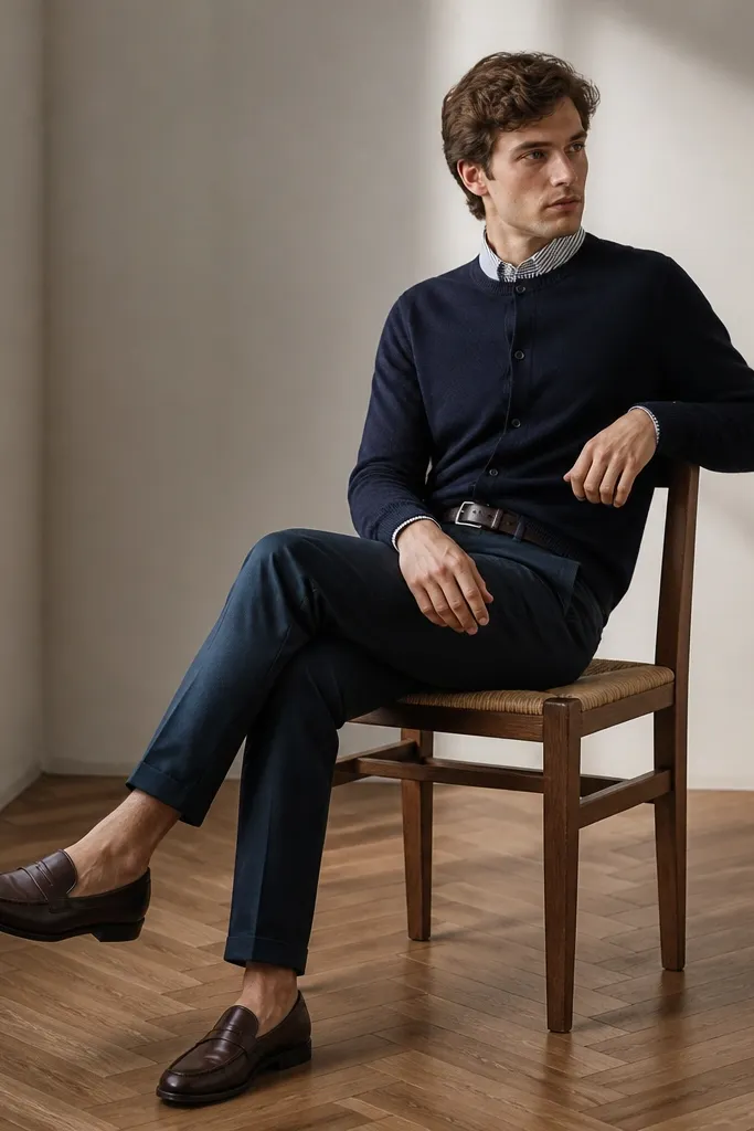 A navy cardigan over a white-and-navy striped dress shirt. The outfit includes a dark belt and dark brown loafers. The cardigan is buttoned at the top, and the shirt collar is visible.