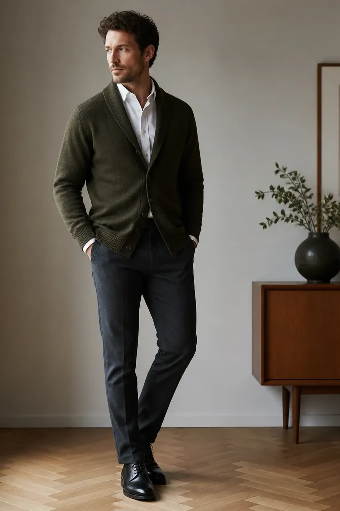 A dark olive shawl-collar cardigan over a white dress shirt. The outfit is paired with dark charcoal chinos, and the shoes are black leather lace-ups. The cardigan front shows the shawl collar drape.