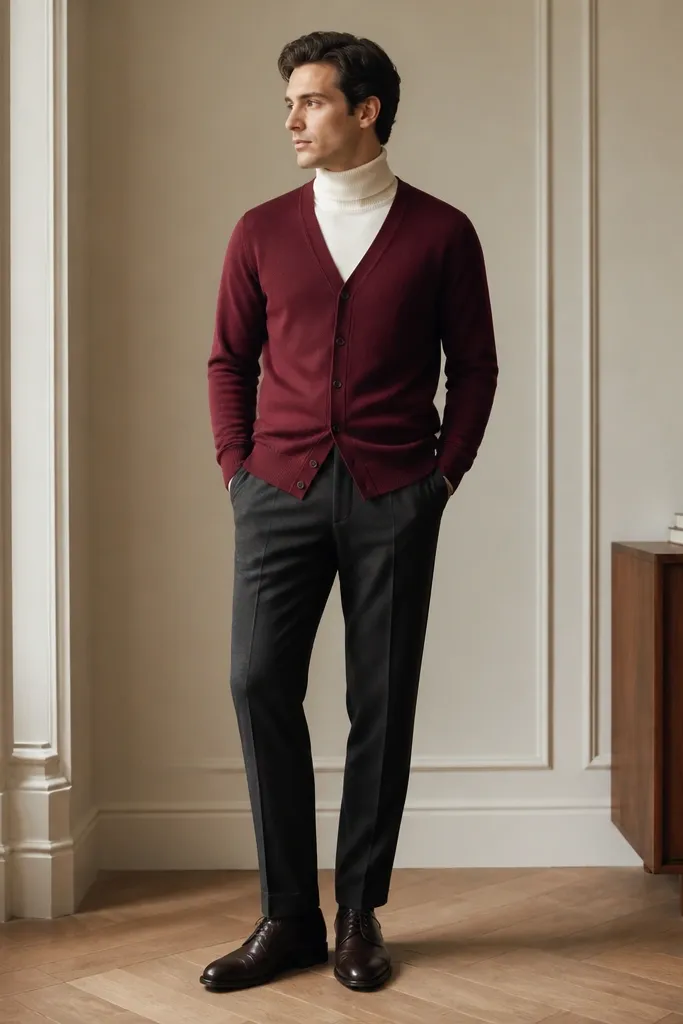 A burgundy V-neck cardigan layered over a cream turtleneck. The neckline shows a clean turtleneck fold. Trousers are dark gray, and shoes are dark brown leather oxfords.