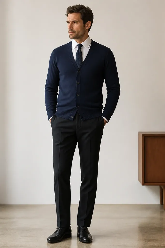 A navy V-neck cardigan over a white dress shirt. A navy knit tie with a subtle micro-pattern sits neatly, with the tie knot centered. Pants are black wool, shoes are black leather, and the cardigan buttons are closed.