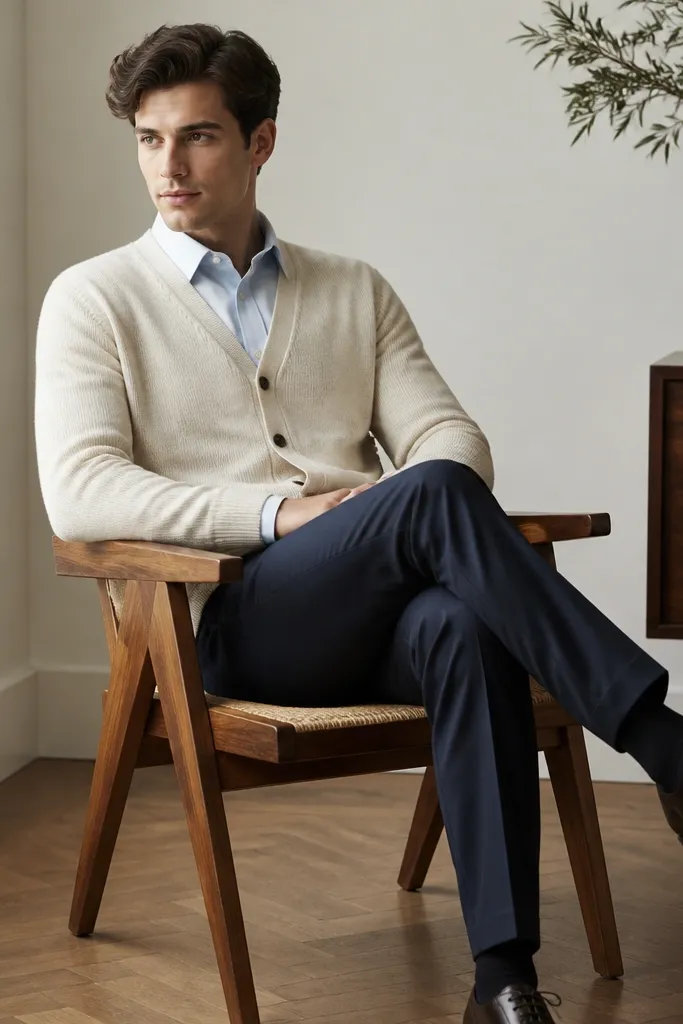 A cream cardigan over a light blue dress shirt. The cardigan is buttoned, and the shirt collar is neatly pressed. The trousers are navy, and the shoes are dark leather derbies.