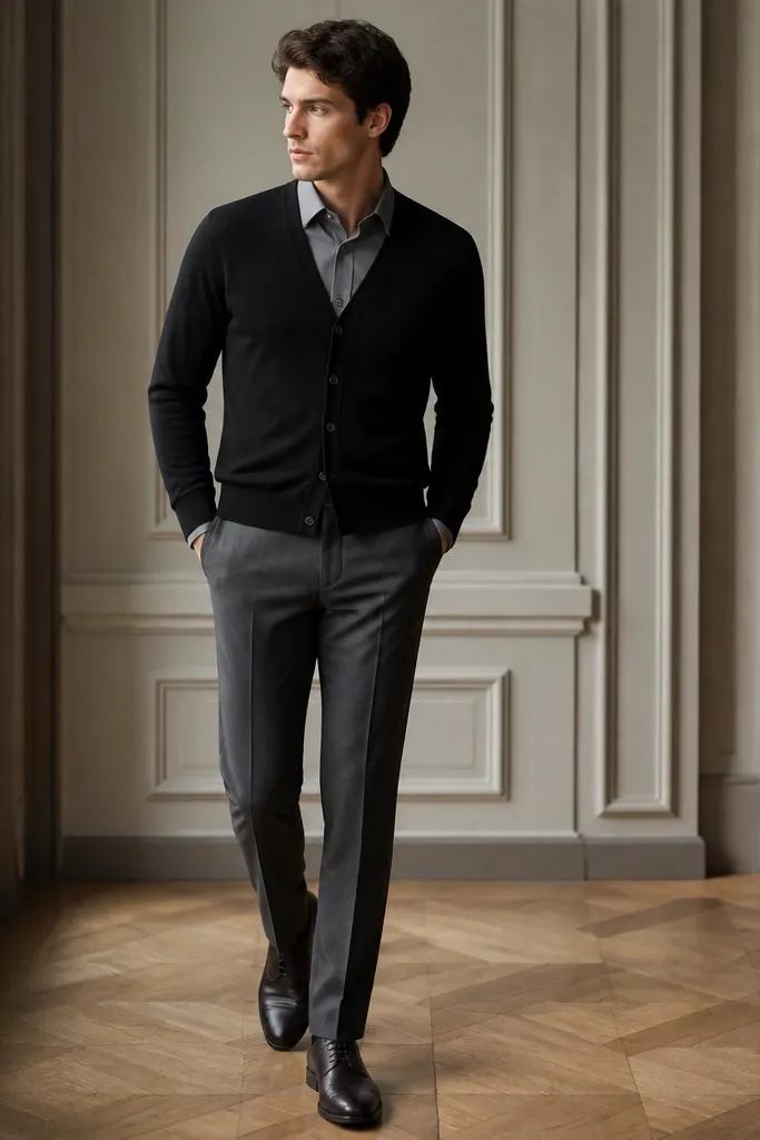 A black cardigan over a gray dress shirt. The trousers are steel gray and tailored. Shoes are dark gray leather, and the cardigan is V-neck with a neat front line.