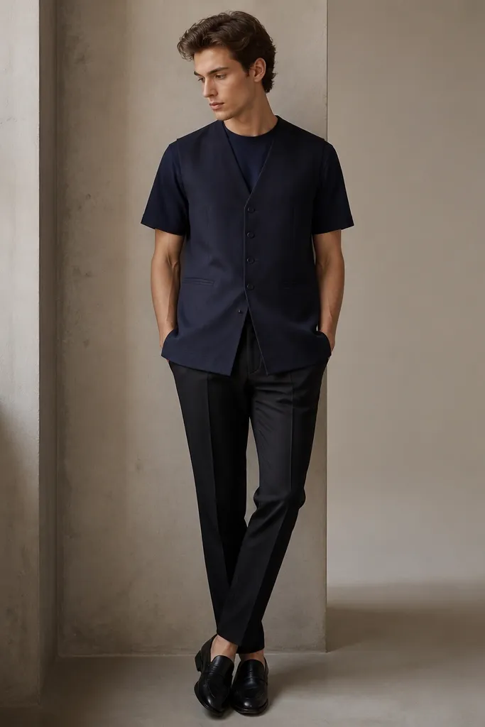 A model wearing a deep midnight blue longline vest over a matching short-sleeve shirt, paired with tailored black trousers; the vest has subtle tonal buttons and a clean V opening, with black leather loafers in frame.