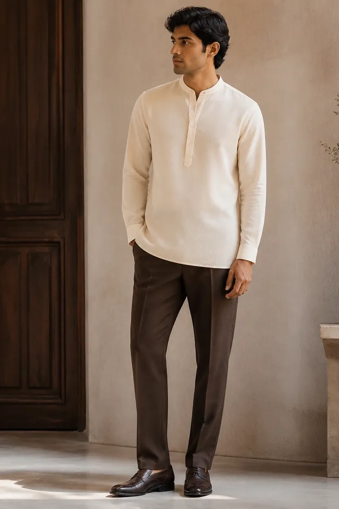 A full outfit photo: an ivory kurta-style shirt with a short stand collar and simple placket, worn with espresso-brown tailored trousers; the cuffs are neat, and the shoes are dark brown leather with a slight shine.