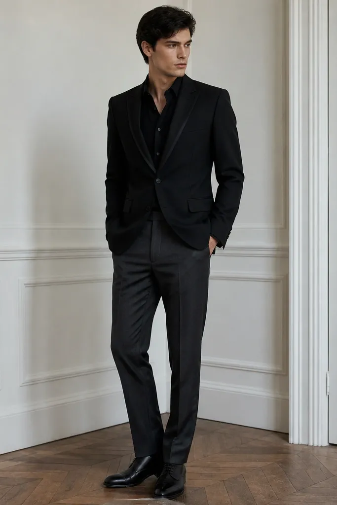 A black blazer with subtle satin piping on the lapels, worn with charcoal tailored trousers; a black dress shirt is visible at the collar, and the model wears polished black dress shoes.