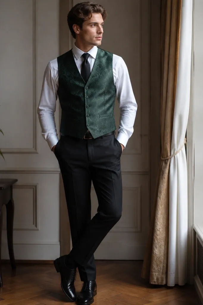 A deep green jacquard waistcoat with a subtle raised pattern, buttoned over a white dress shirt; black tie and black trousers are shown, with a dark belt and black shoes.