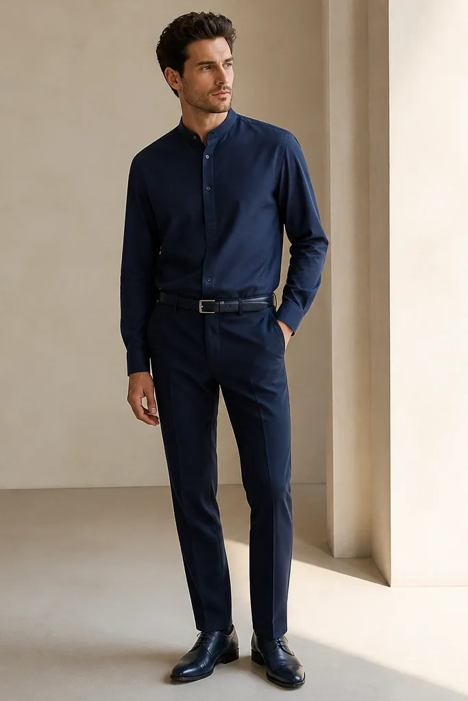 A model wearing a navy band-collar dress shirt with a short placket, tucked into navy tailored trousers; a slim leather belt is visible, and the shoes are dark navy leather.