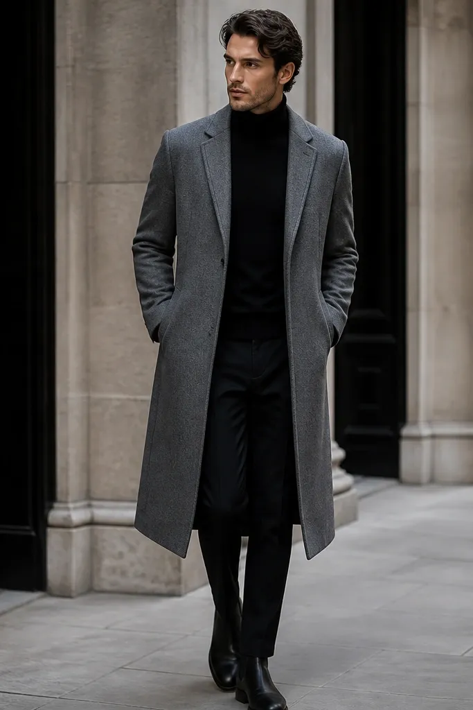 A long grey wool blend coat with a clean lapel, worn over a black turtleneck sweater; black trousers and dark boots complete the look.