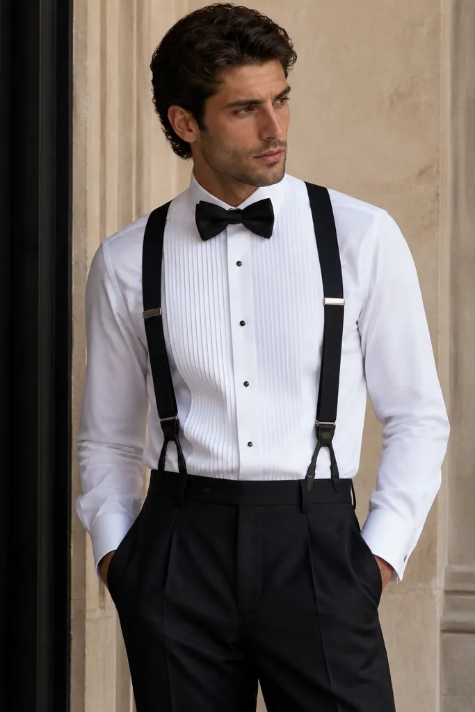 A look showing black pleated trousers with a white tuxedo-style shirt, worn with dark suspenders and a black bow tie; the jacket is not the focus, keeping the shirt and trousers clean.
