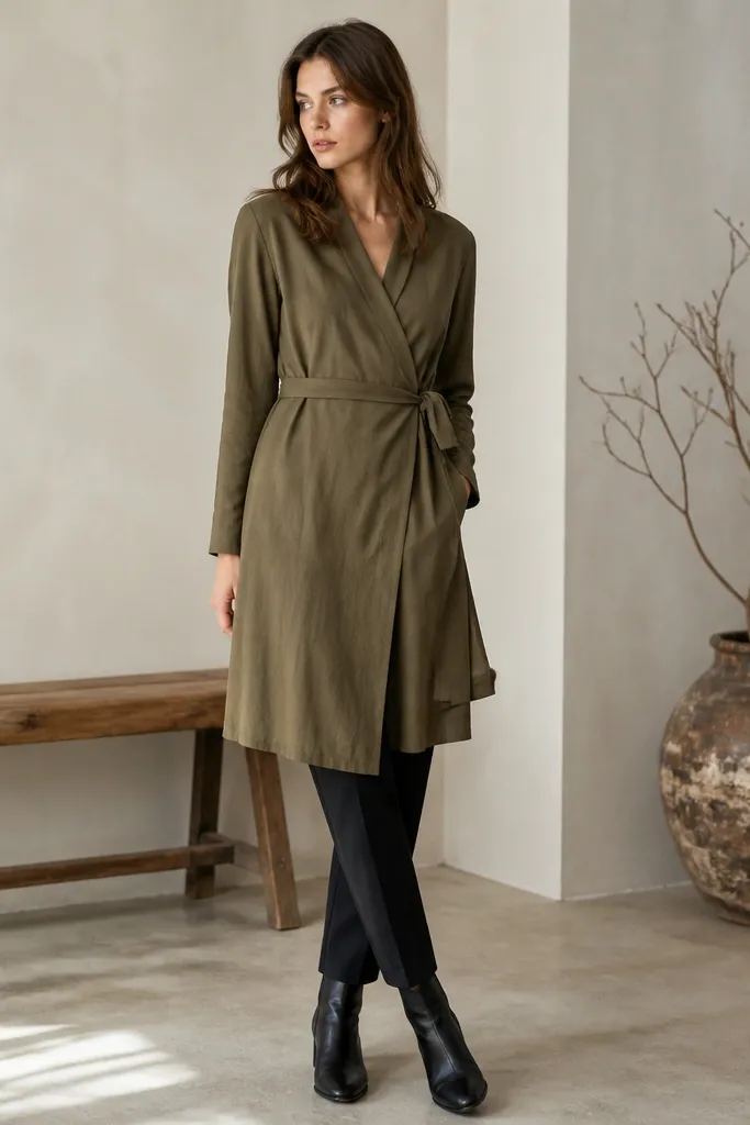A model wearing an olive wrap-style long-sleeve dress with a tie waist and a V opening, paired with dark slim trousers; footwear is black leather boots.