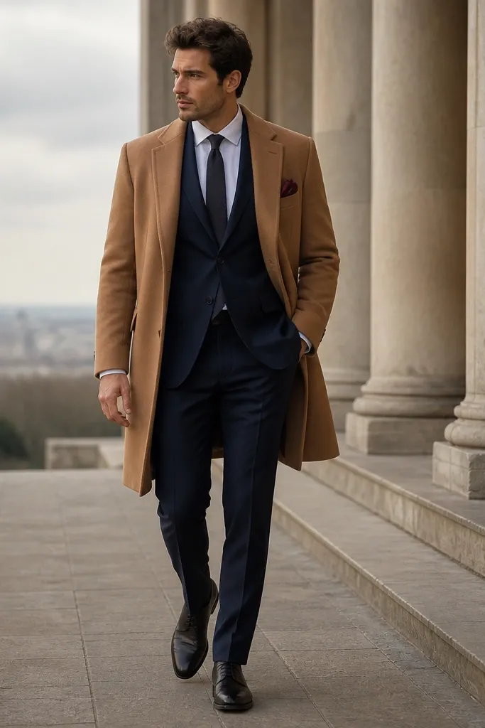 A camel overcoat worn open over a navy suit; a burgundy pocket square peeks from the jacket breast pocket; the model wears dark lace-up shoes.
