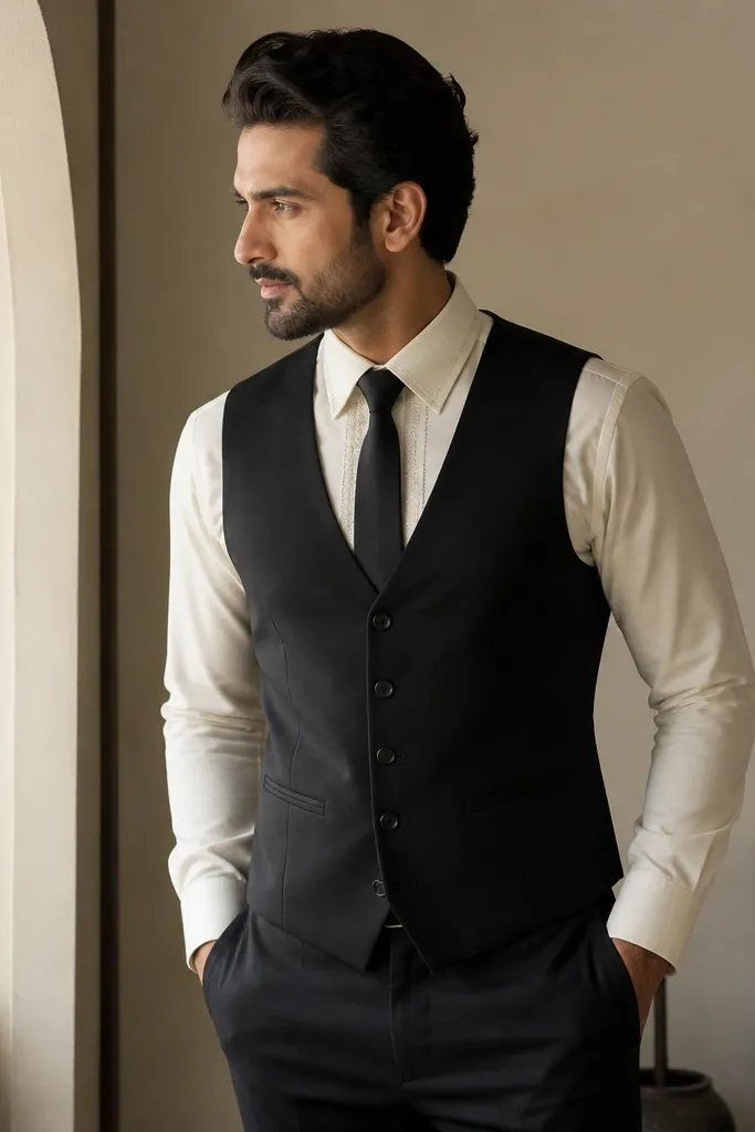 A cream dress shirt with subtle gold-thread embroidery around the placket, worn under a black waistcoat; a black tie and black trousers are visible.