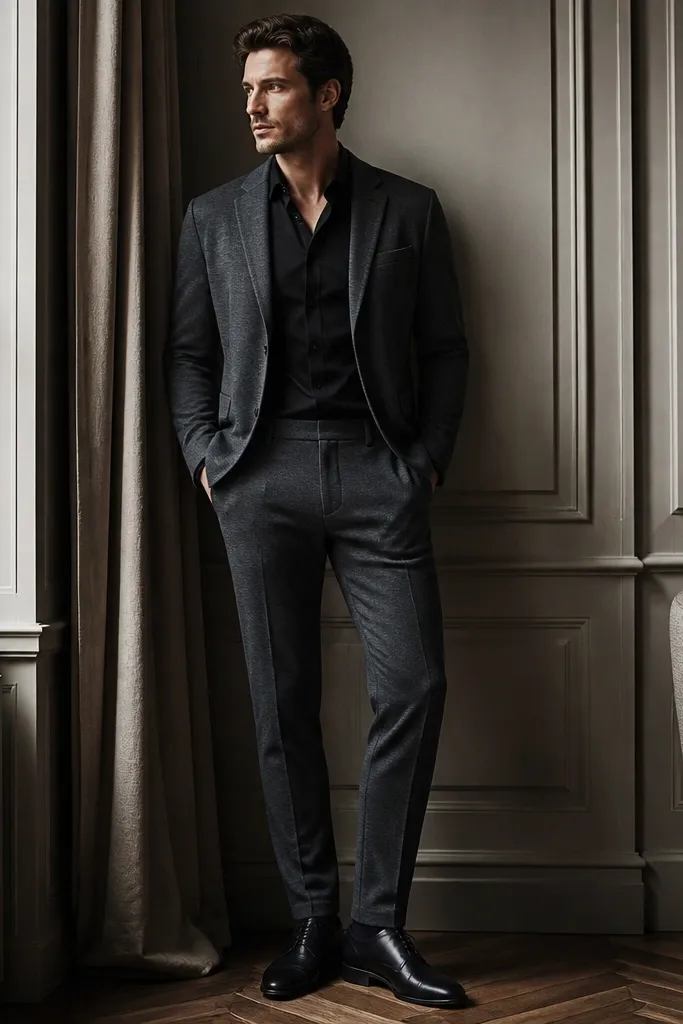 A charcoal knit blazer with a smooth, fine texture, paired with matching charcoal tailored trousers; the shirt underneath is black, and the shoes are dark leather.