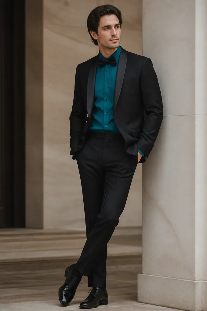 A black dinner jacket with satin lapels worn over a teal dress shirt; a black bow tie sits under the collar, and the trousers are black with polished black shoes.